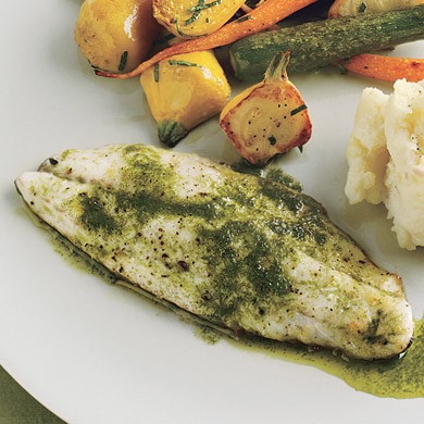 Branzino and roasted baby vegetables with tarragon-chive oil