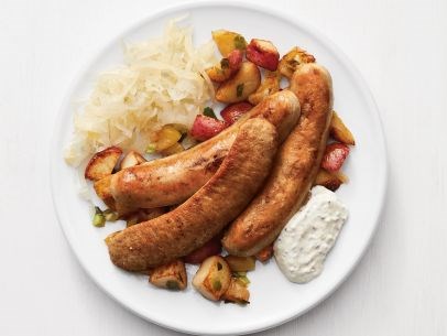 Bratwurst with sauerkraut and apple-potato hash