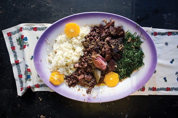 Brazilian beans with smoked pork, rice, and collards (Feijoada)