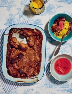 Bread & butter pudding with roasted vanilla rhubarb & custard