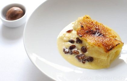 Bread and butter pudding with chocolate sorbet