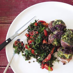 Bread and haloumi stuffed lamb with Greek lentil and tomato salad