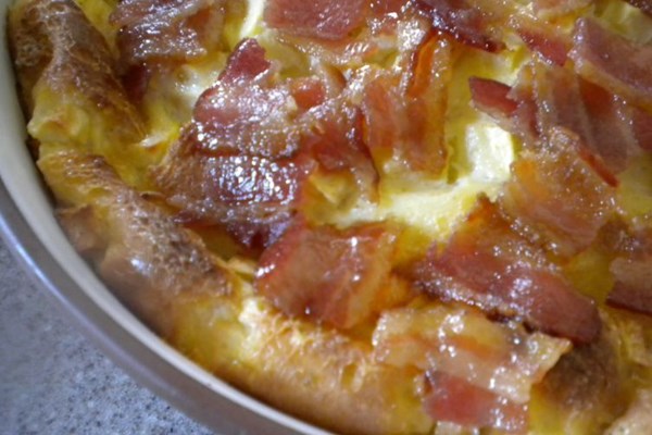 Bread pudding with apple and brown sugared bacon