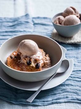 Bread pudding with caramel ice-cream
