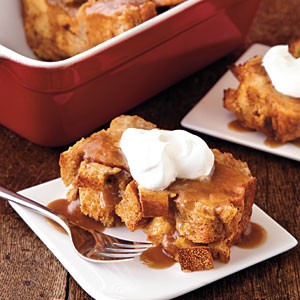 Bread pudding with salted caramel sauce