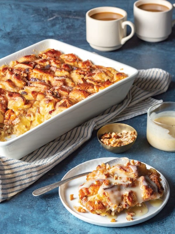Bread pudding with spiced white chocolate sauce