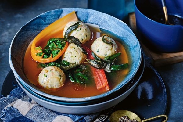 Bread, sage and speck canederli with bone broth