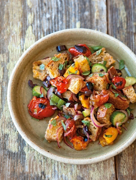 Bread salad with charred tomatoes, cucumber & olives
