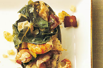 Bread stuffing with crawfish, bacon, and collard greens