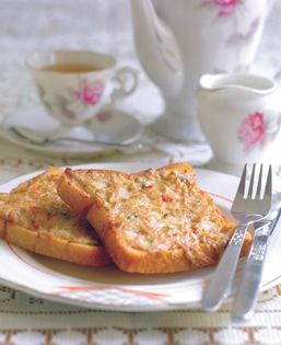 Bread topped with minced pork and prawn [shrimp] (Roti babi)