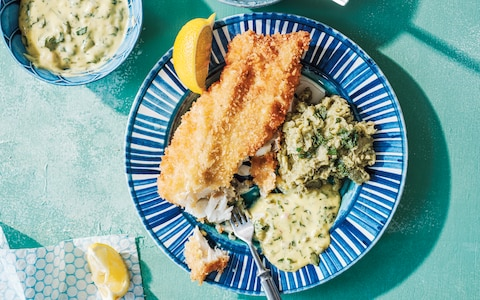 Breadcrumbed fish with minted mushy peas and tartare sauce