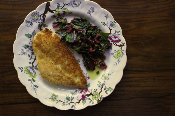 Breaded chicken cutlets with wilted chard