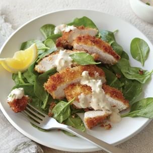 Breaded chicken with lemon-green onion tahini
