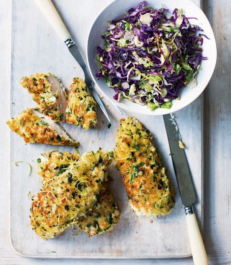 Breaded chicken with stir-fried cabbage and sprouts