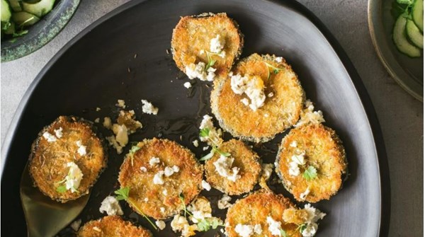 Breaded eggplant, honeycomb, pickled lemon and feta