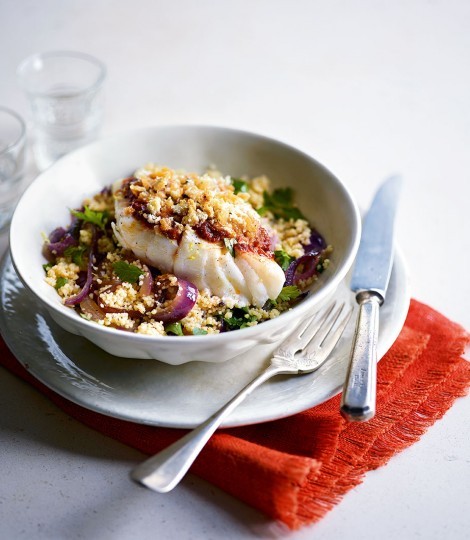 Breaded harissa cod with lemon and red onion couscous