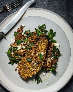 Breaded harissa eggplant & lentil salad