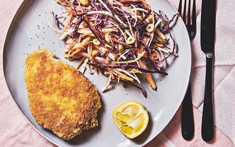 Breaded pork escalopes with cabbage, apple and fennel slaw