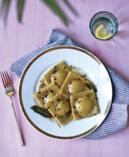 Breadfruit ravioli with calabaza squash filling