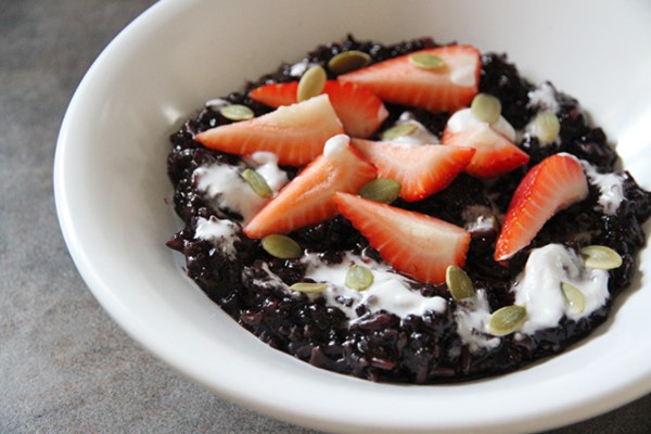 Breakfast black rice porridge with coconut cream