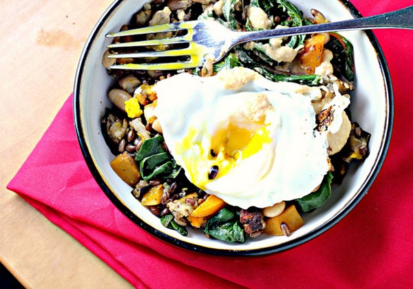 Breakfast bowl with za'atar roasted eggplant, Swiss chard, butternut squash and hummus