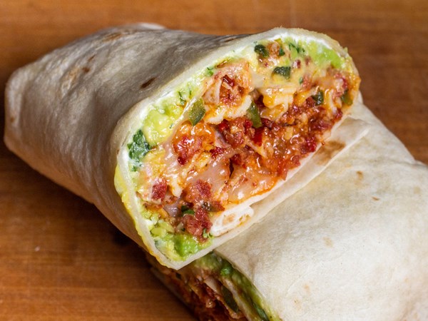 Breakfast burrito with scrambled egg, chorizo, and refried beans