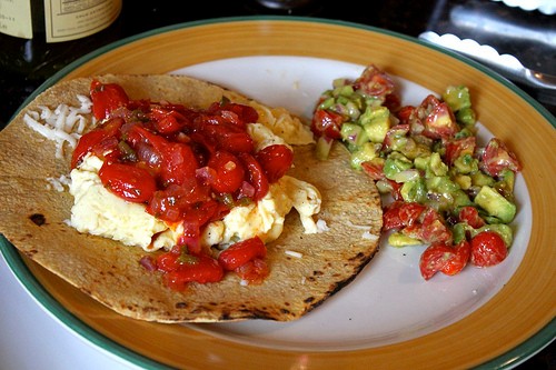 Breakfast “burrito” with two salsas