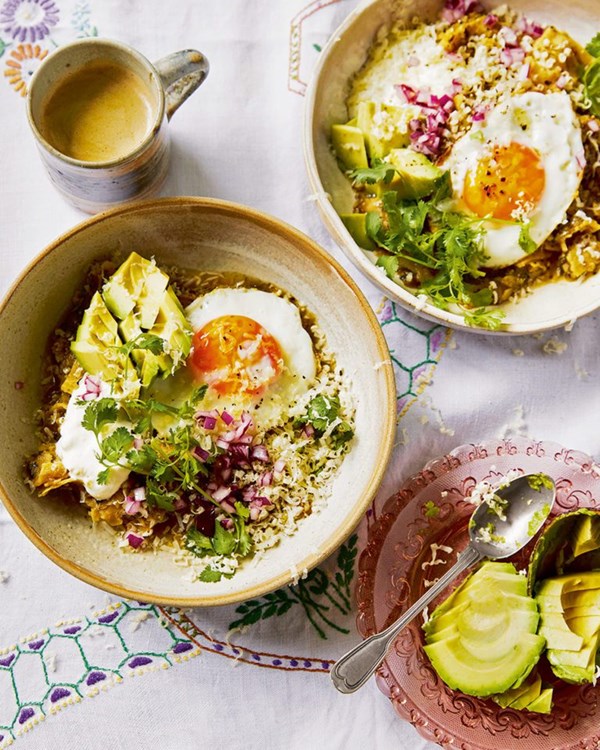 Breakfast chilaquiles with fresh tomatillo salsa