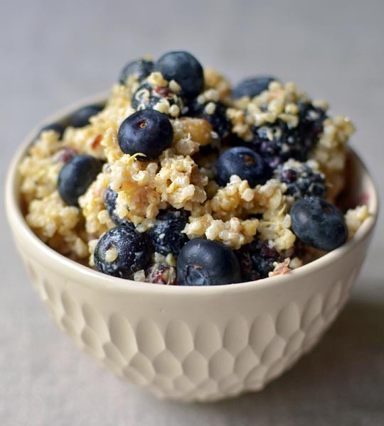 Breakfast grain salad with blueberries, hazelnuts & lemon