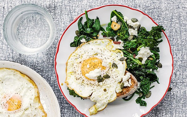Breakfast greens with eggs, feta and chilli