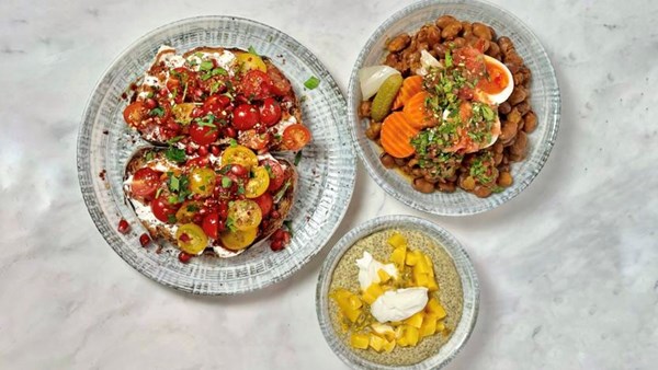Breakfast of dreams with beans, sunshine tomatoes and chia seed pudding