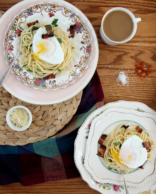 Breakfast pasta with bacon and poached eggs
