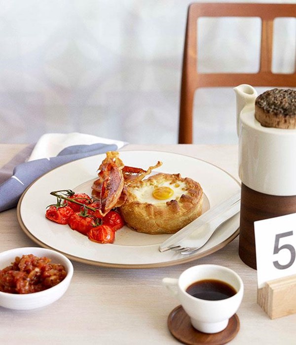 Breakfast pies with tomato chilli jam and crisp speck