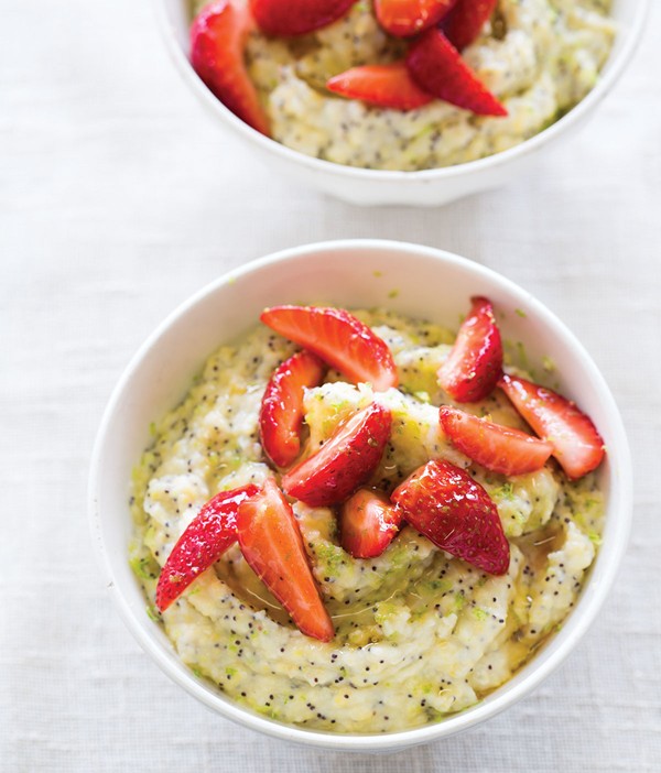 Breakfast polentina with strawberries, poppy seeds, and lime