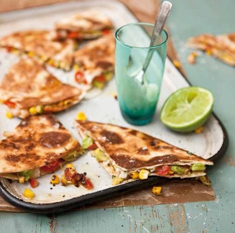 Breakfast prawn and corn quesadillas