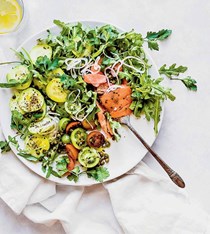Breakfast salad with lox and herbs 