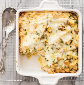 Breakfast strata with potatoes, rosemary, and Fontina