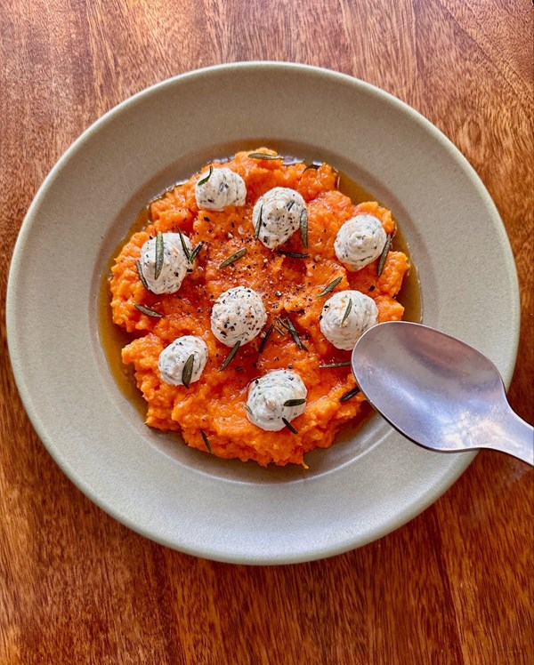Breakfast sweet potatoes with maple syrup and orange-rosemary ricotta