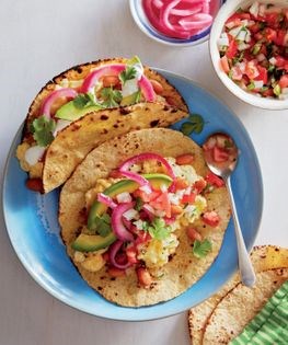 Breakfast tacos with pickled red onions & lime-jalapeño crema