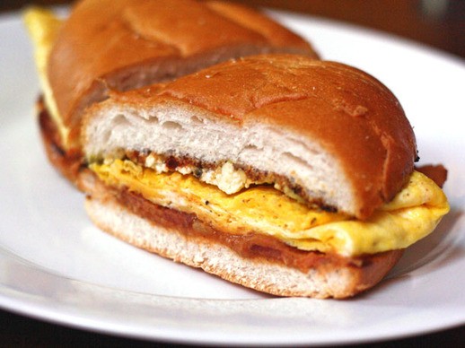 Breakfast torta with bacon, eggs, and chipotle guacamole