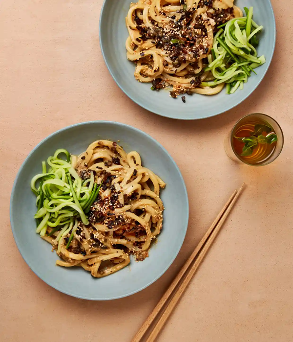 Breakfast udon with mushrooms and soy