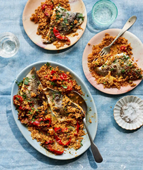Bream with red pepper bulgur and coriander salsa