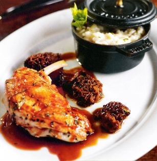 Breast of corn-fed guinea fowl with garden lemon balm risotto, morel mushrooms and crispy Yoadwath Mill kiln-smoked ham