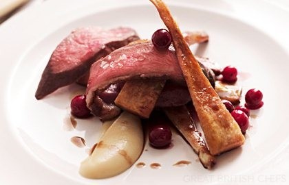Breast of goose with cranberries and celeriac