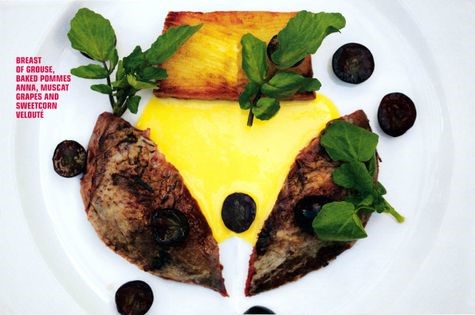 Breast of grouse, baked pommes Anna, muscat grapes and sweetcorn velouté
