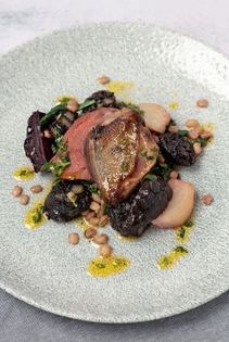 Breast of wood pigeon with caramelised red onion, barley & beetroot