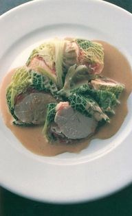 Breasts of chicken wrapped in Savoy cabbage and pancetta [Alastair Little]