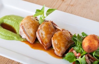Breasts of quail with pea purée, pancetta and marjoram jus