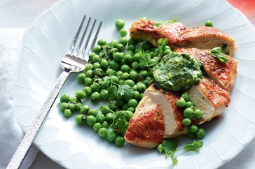 Brick chicken and peas with tarragon butter