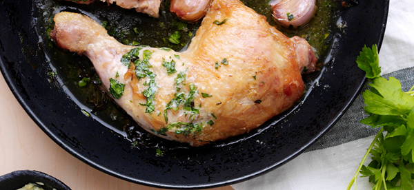 Brick chicken with herb butter